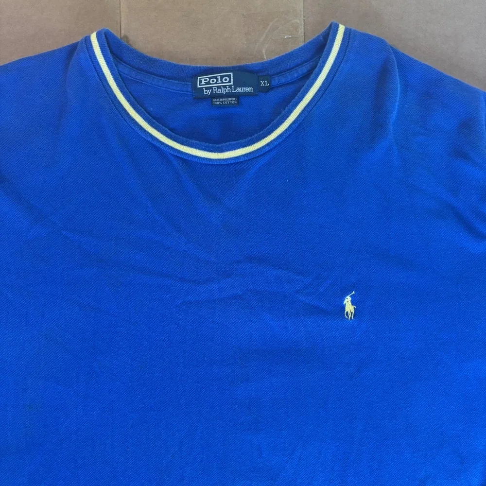Polo Ralph Laurent T Shirt Mens XL Blue Yellow Trim Pique Cotton Short Sleeve Te